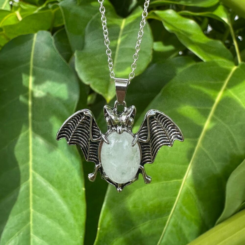 NEW Halloween Clear Quartz Bat Pendant Necklace